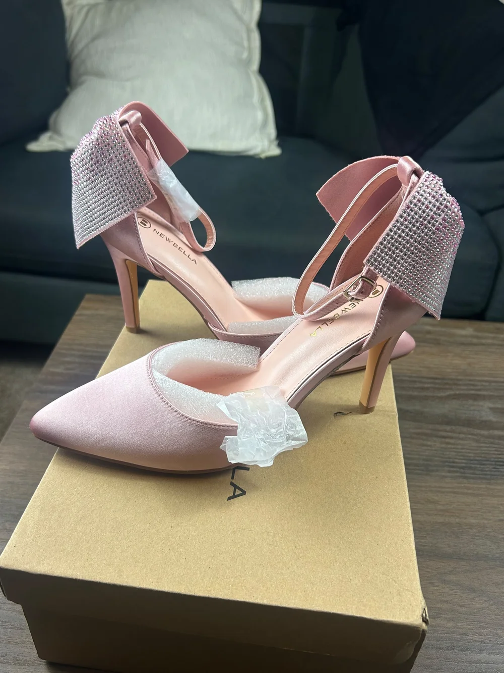 Pink Satin Pointed-Toe Heels with Embellished Ankle Bow
